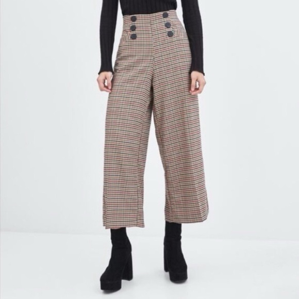 Zara Plaid Button Detail Palazzo Trousers High Rise Wide Leg Pants XS
